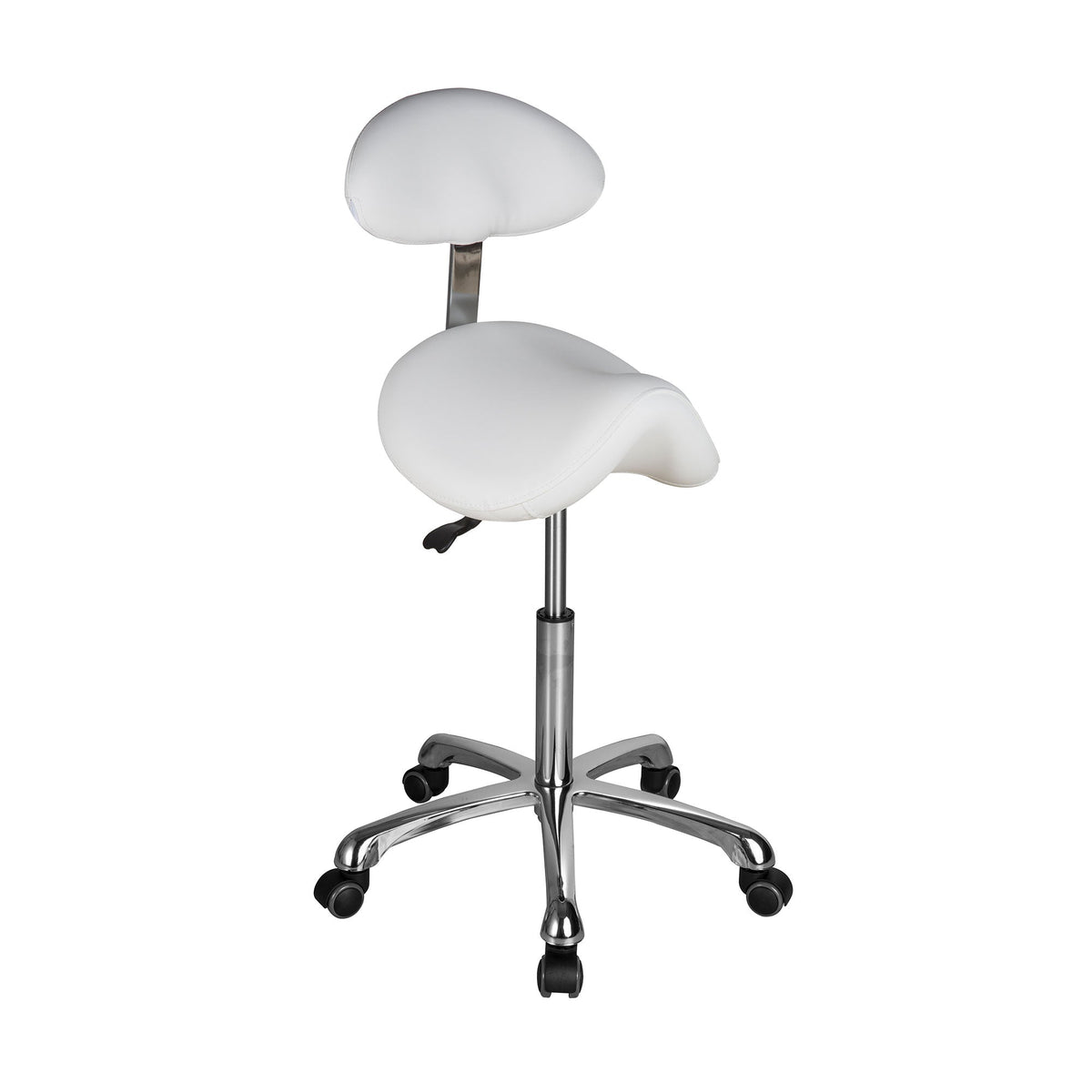 Saddle stool with back, white upholstery and polished metal base