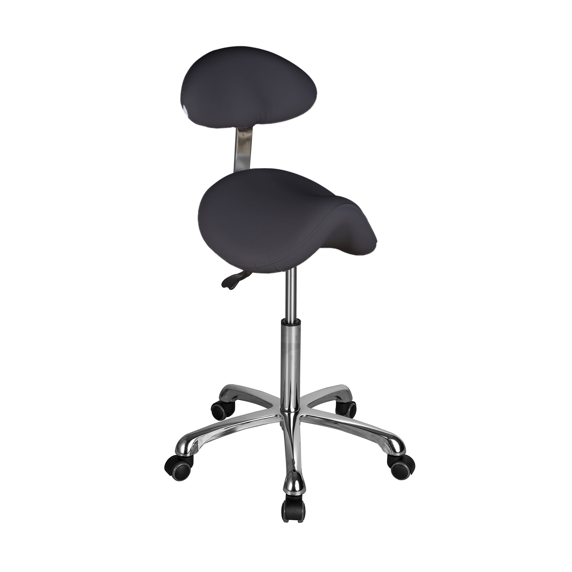 Saddle Stool With Back - Black Upholstery Polished Metal Base