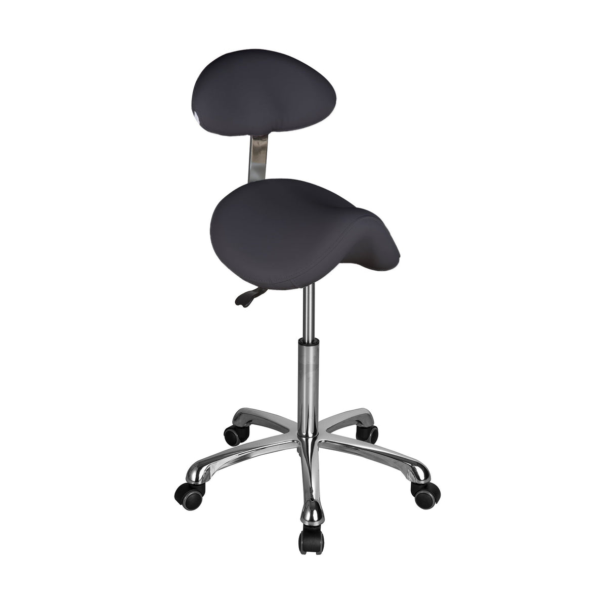 Saddle stool with back, black upholstery and polished metal base