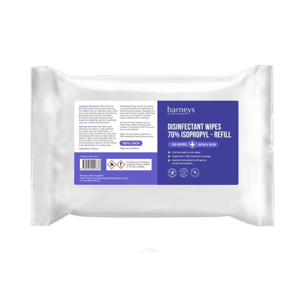 Barneys Disinfectant Wipes - 70% Isopropyl Alcohol - 30cm x 15cm - 100 Piece Refill