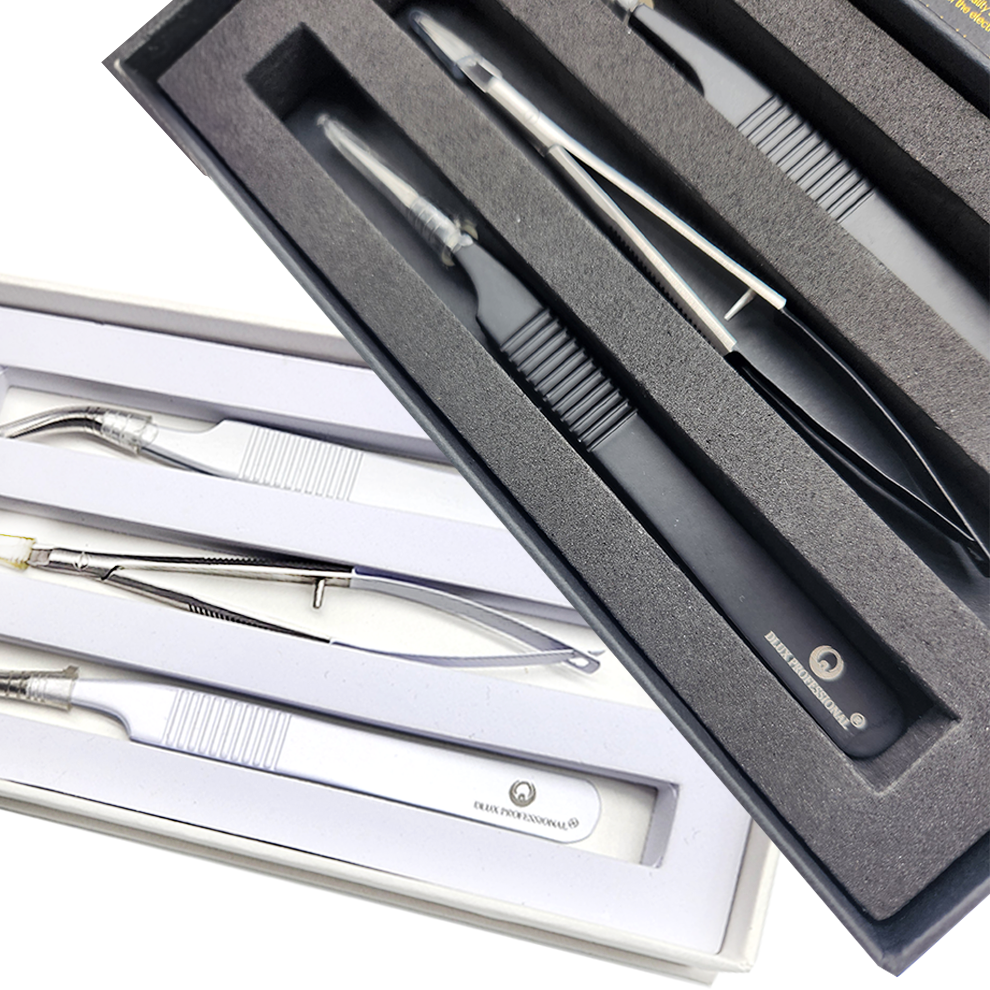 DLUX Pro Lash Extension Tweezer & Scissor Set W/case - White - 3 pieces 2