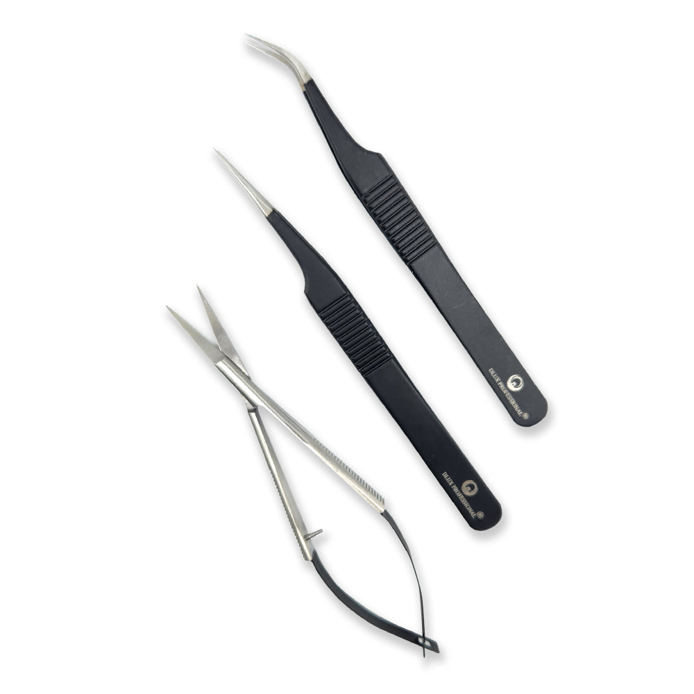 DLUX Pro Lash Extension Tweezer & Scissor Set W/case - Black - 3 pieces 1
