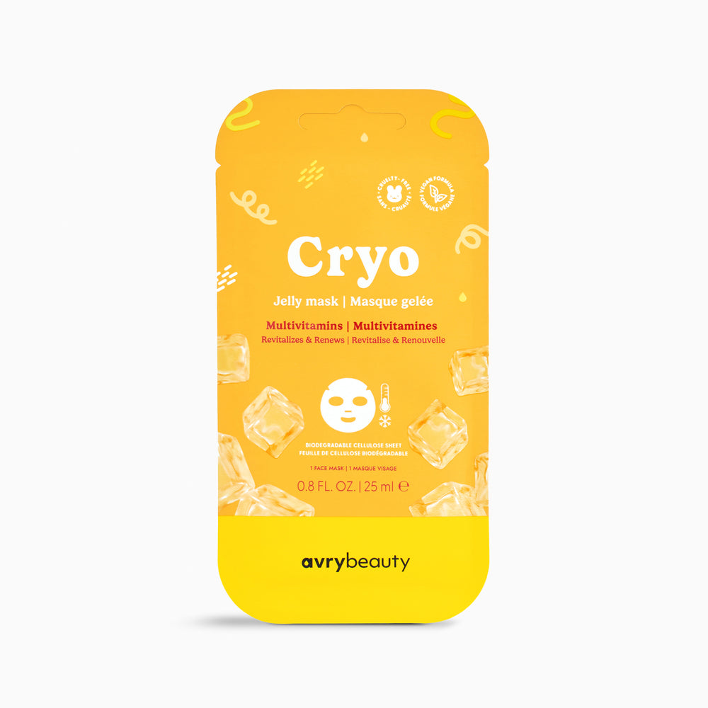 Yellow packaging of avrybeauty Cryo jelly mask on a white background