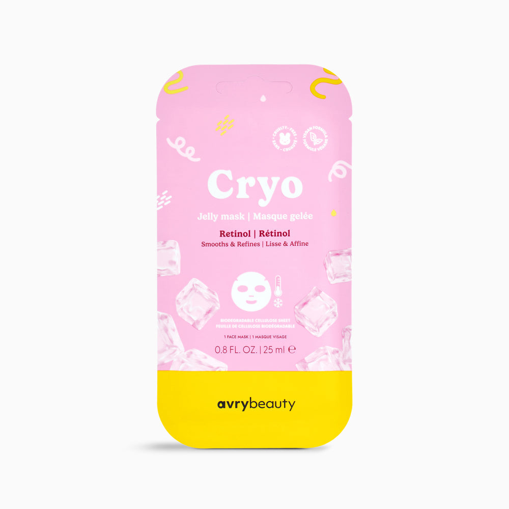Pink and yellow Cryo jelly mask packaging with Avry Beauty branding on a white background