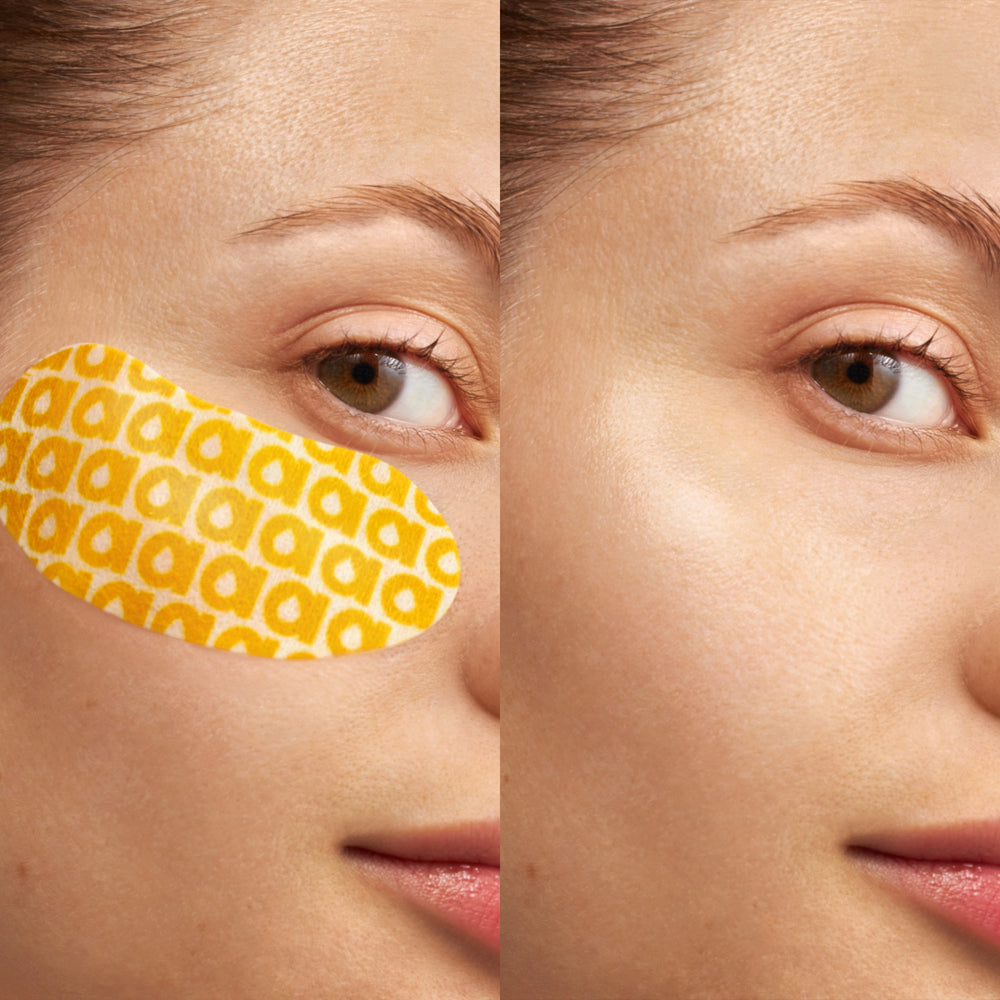 Before and after comparison of a face with an eye patch.