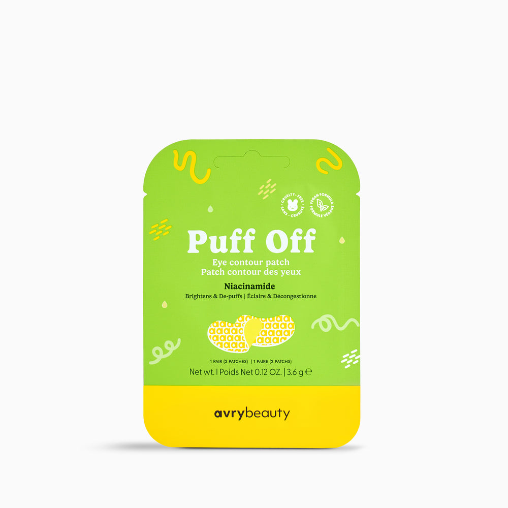 Avry Beauty 'Puff Off' eye contour patch packaging on a white background