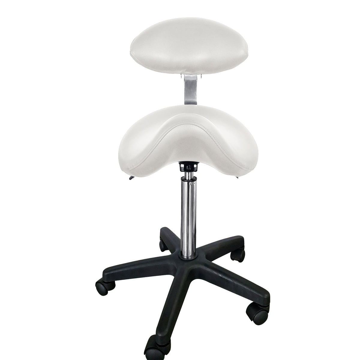 Saddle stool with back, white upholstery and black base