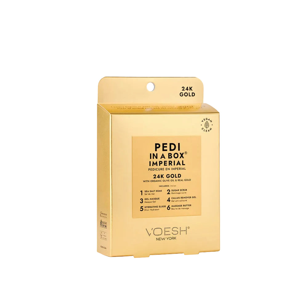 Gold packaging of 'Pedi in a Box Imperial 24K Gold' by Voesh on a white background