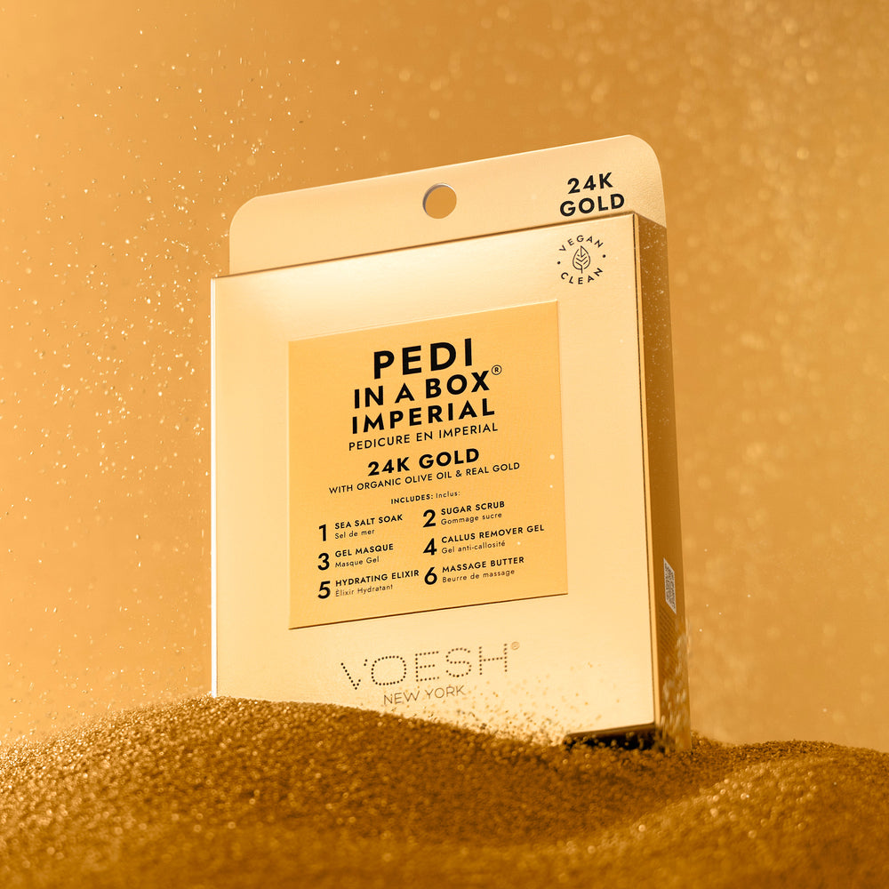 VOESH Pedi in a Box Imperial 24K Gold packaging on a gold background