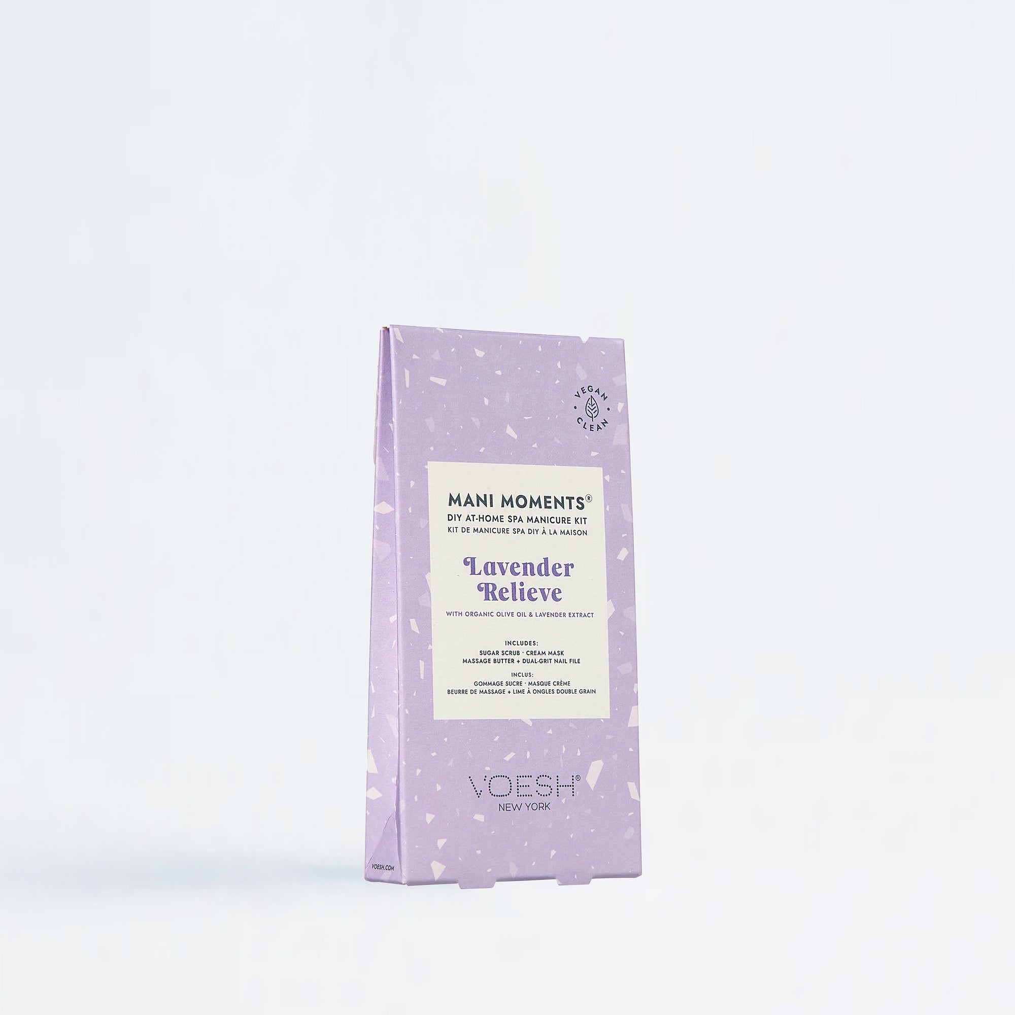 Purple packaging of 'Mani Moments' lavender hand care kit on a white background
