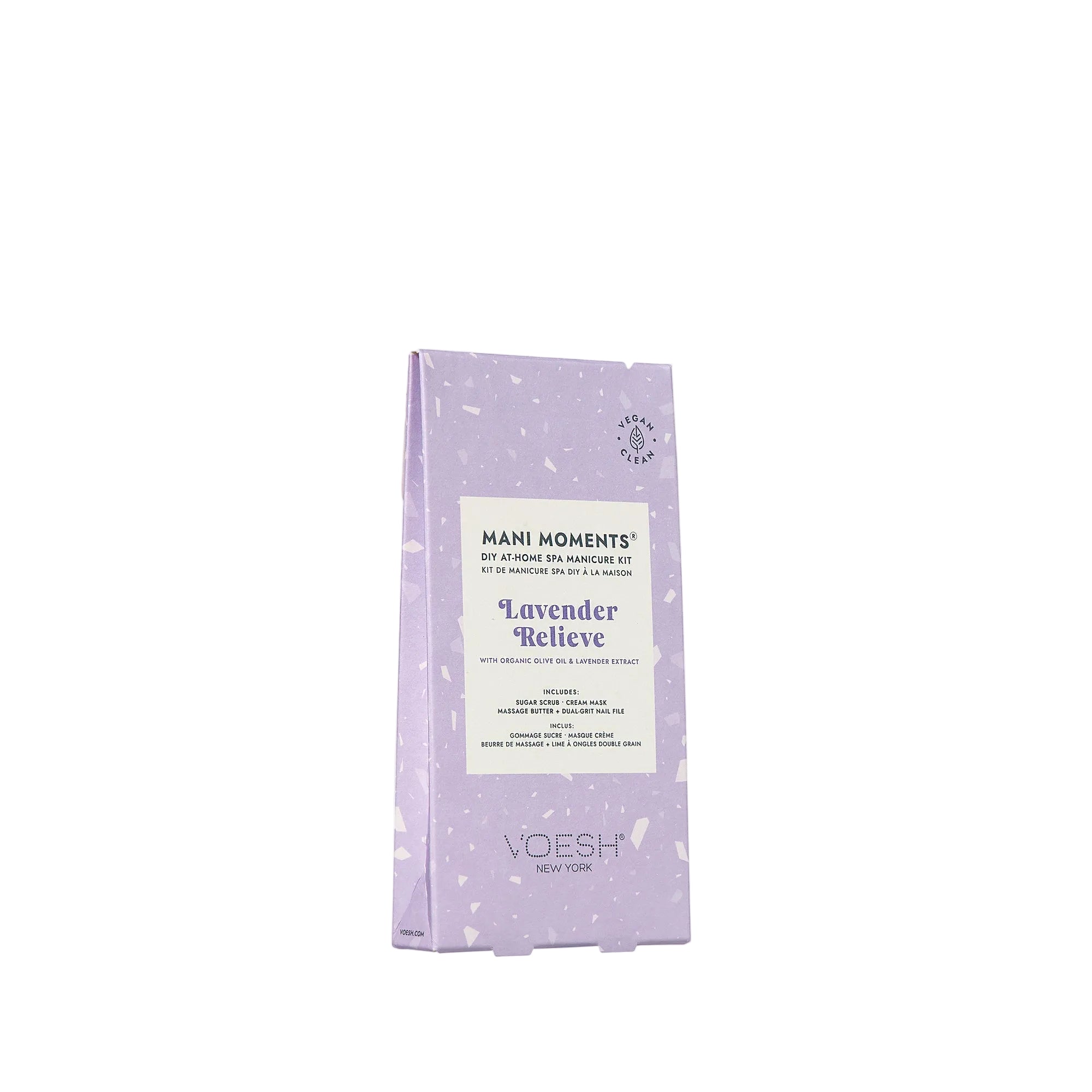 Purple packaging of 'Mani Moments' lavender hand care kit on a white background
