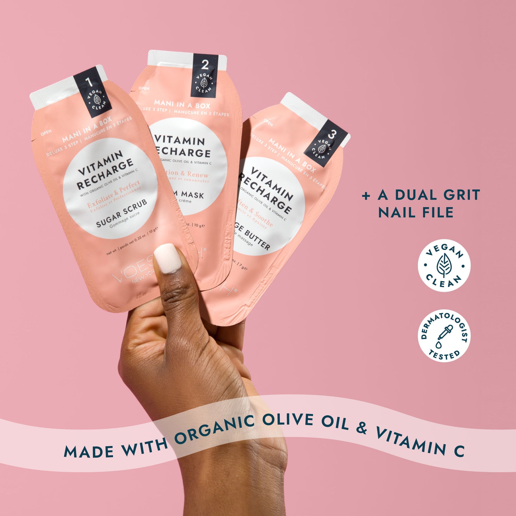 Three skincare products held by a hand on a pink background with text about ingredients and benefits.