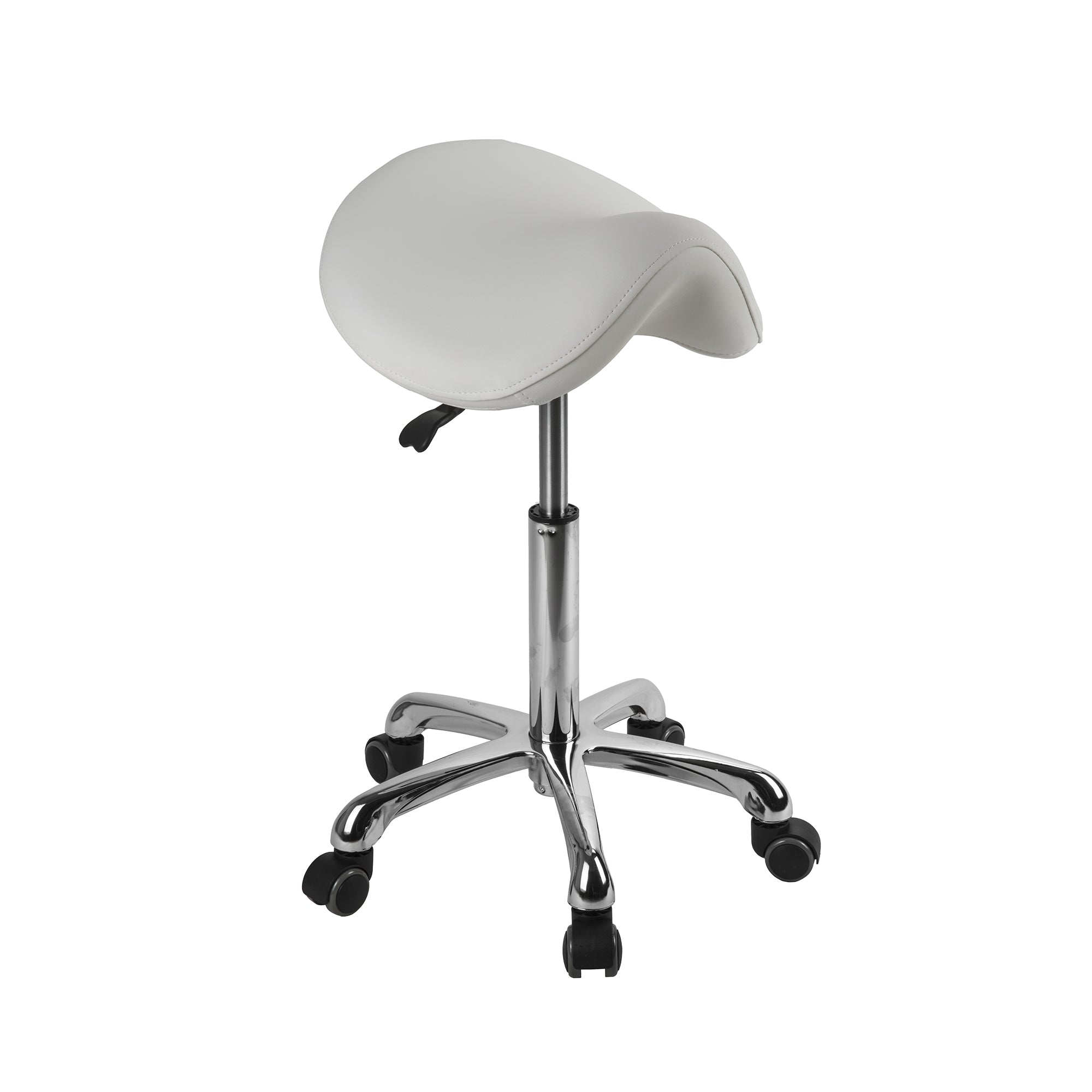 Barneys Saddle Stool White Upholstery Polished Metal Base