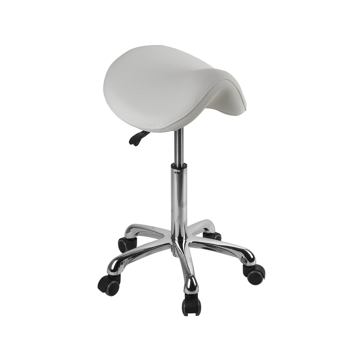 Saddle stool without back, white upholstery and polished metal base