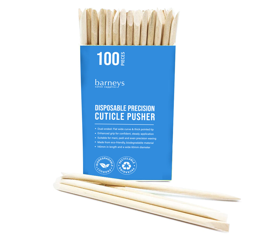 Box of disposable precision cuticle pushers with a blue label on a white background