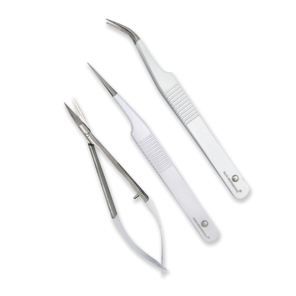 DLUX Pro Lash Extension Tweezer & Scissor Set W/case - White - 3 pieces 1
