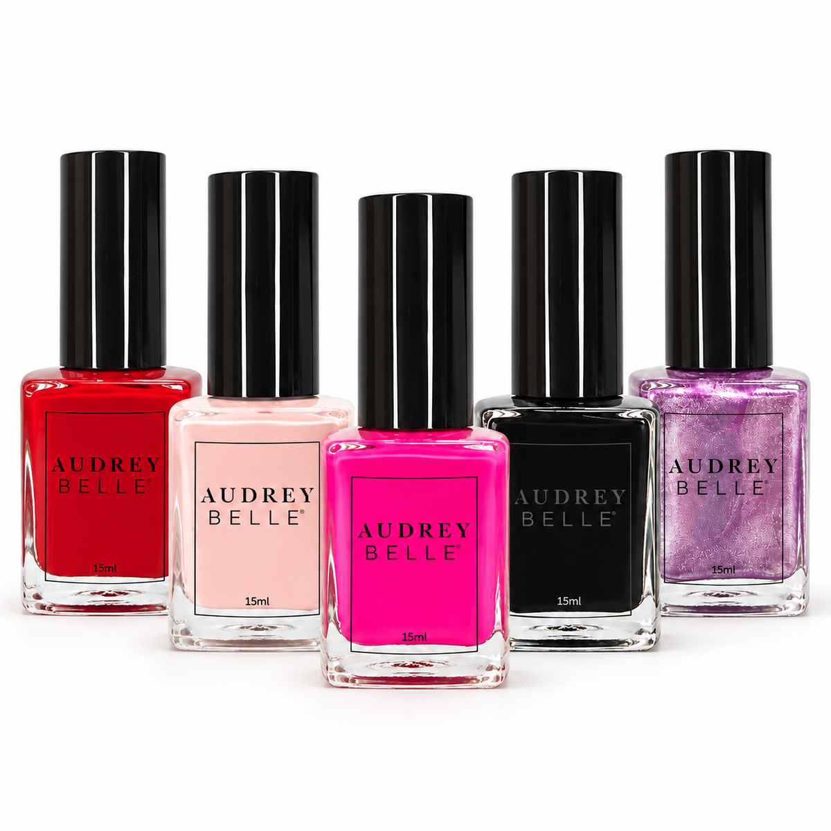 Audrey Belle Vegan Nail Polish 15ml group shot showing five colours on a white background