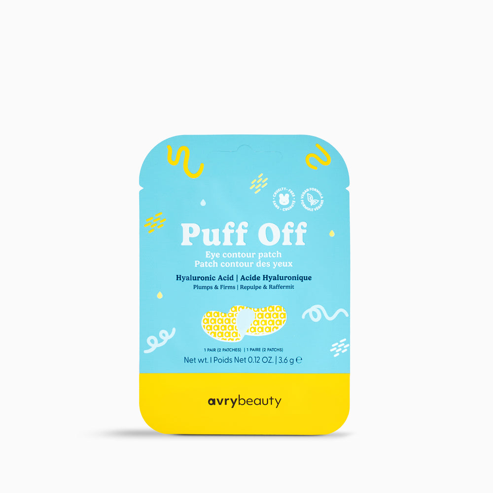 Avry Beauty 'Puff Off' eye contour patch packaging on a white background
