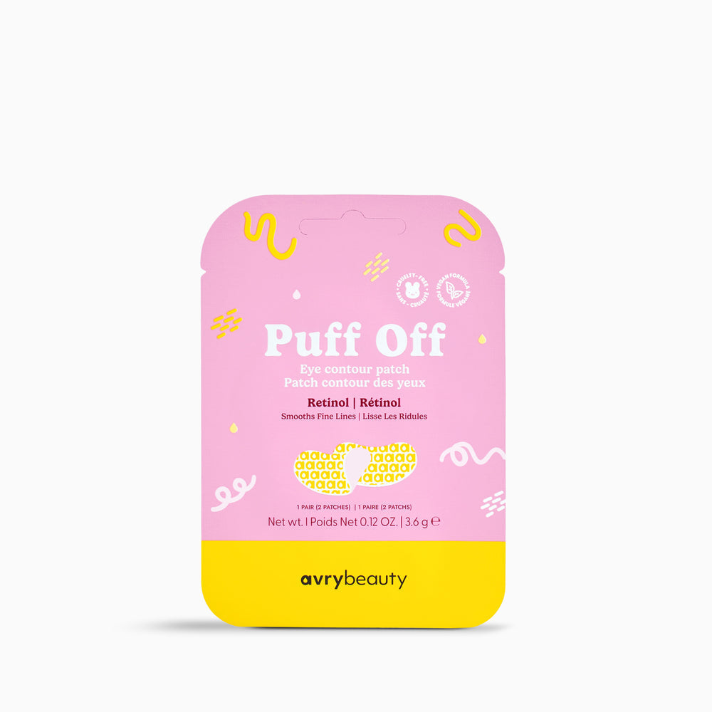 Avry Beauty 'Puff Off' eye contour patch packaging on a white background
