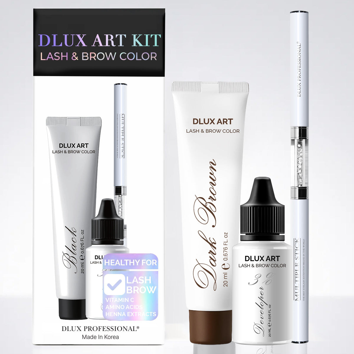 DLUX Pro Art Hybrid Lash and Brow Tint – Dark Brown bundle contents