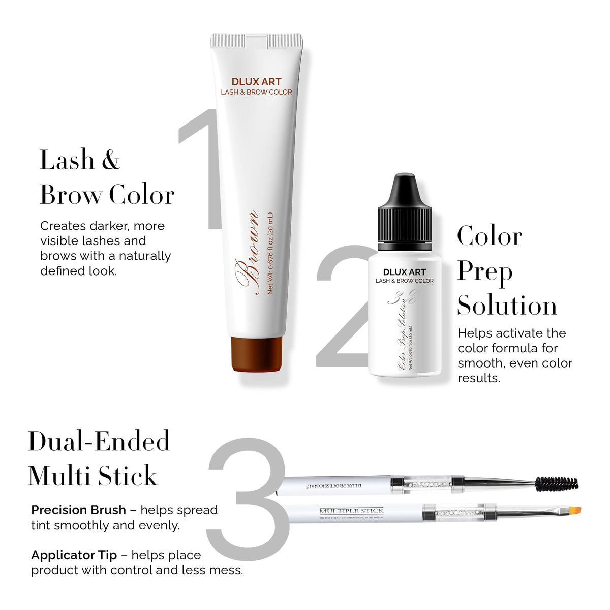 DLUX Pro Art Hybrid Lash and Brow Tint – Brown bundle inclusions
