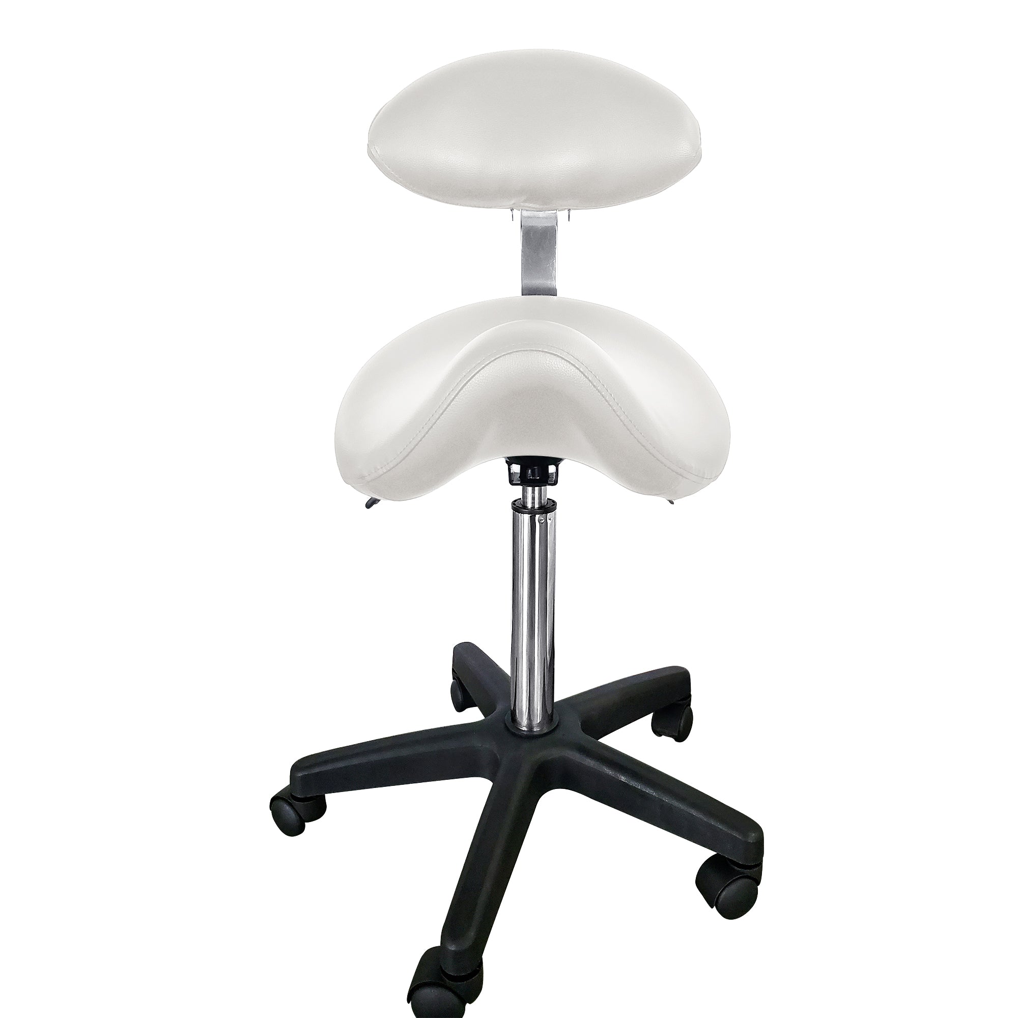 Barneys Saddle Stool With Back White Upholstery Black Base