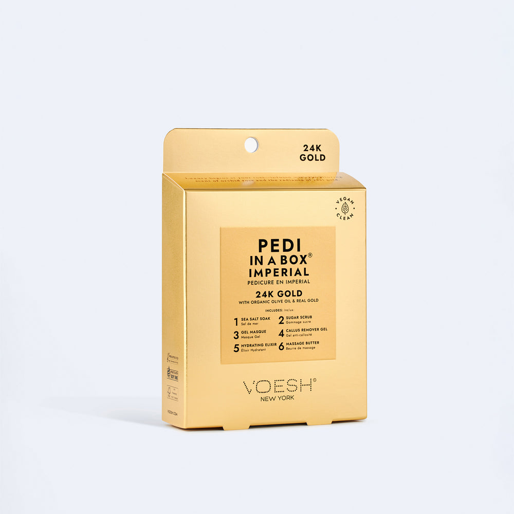 Gold packaging of 'Pedi in a Box Imperial 24K Gold' by Voesh on a white background